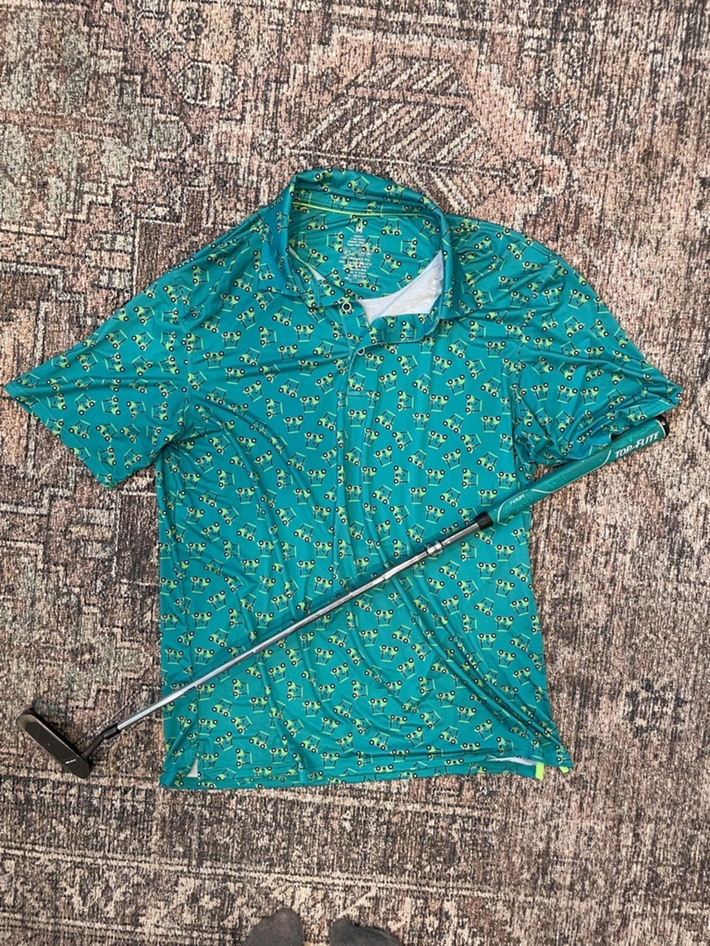 Men’s Golf Polo Med Green Golf Cart Print Novelty Moisture Wicking Performance